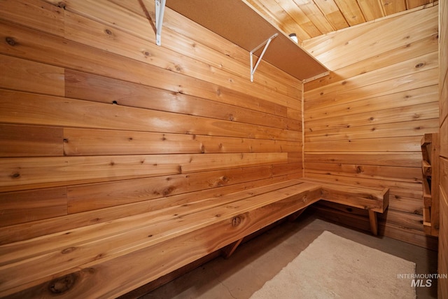 view of sauna / steam room with carpet, wooden ceiling, and wood walls