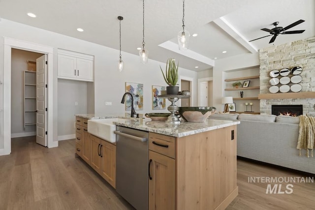 kitchen with a sink, wood finished floors, open floor plan, and dishwasher