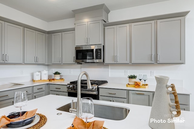 kitchen with gray cabinets and appliances with stainless steel finishes