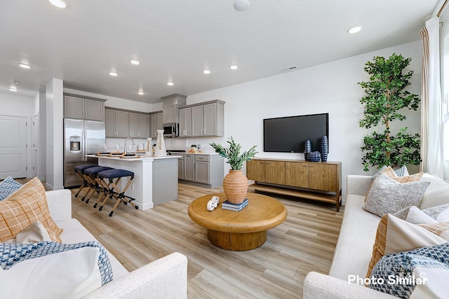 living room featuring sink and light hardwood / wood-style flooring