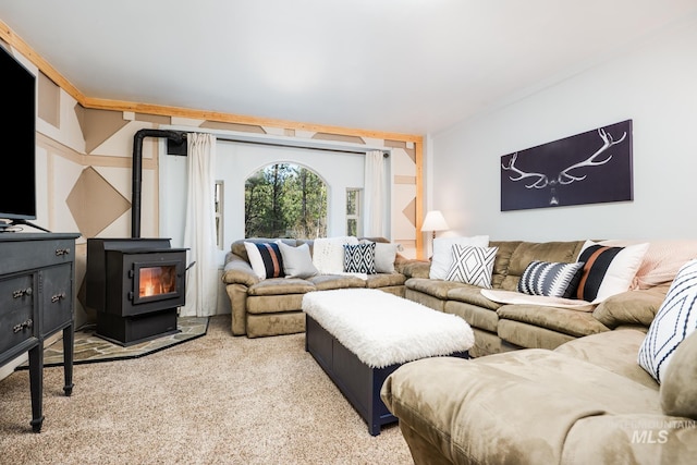 living area with light colored carpet and a wood stove