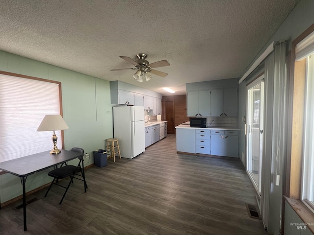 1069 Lucky Ln, Ontario, OR 97914 - kitchen with freestanding refrigerator, light countertops, dark wood finished floors, ceiling fan, and a textured ceiling