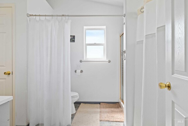 389 Trotter Dr, Twin Falls, ID 83301 - bathroom with a stall shower, toilet, and lofted ceiling