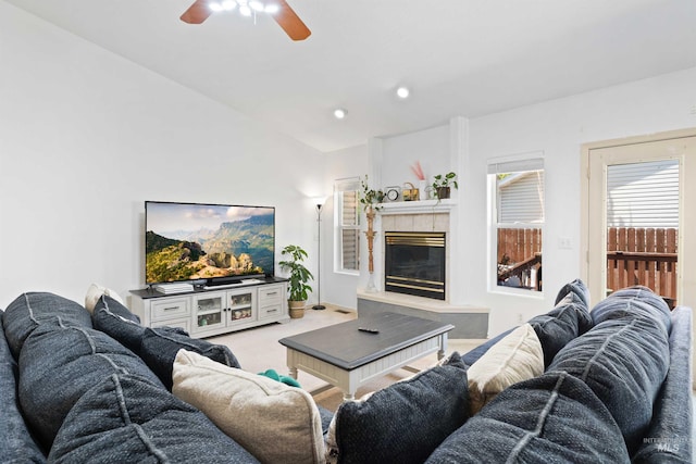 389 Trotter Dr, Twin Falls, ID 83301 - carpeted living room with ceiling fan, a tile fireplace, and recessed lighting