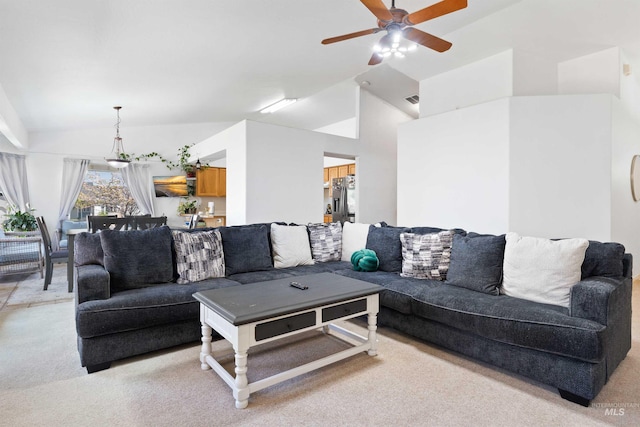 389 Trotter Dr, Twin Falls, ID 83301 - living room featuring lofted ceiling, light carpet, and ceiling fan