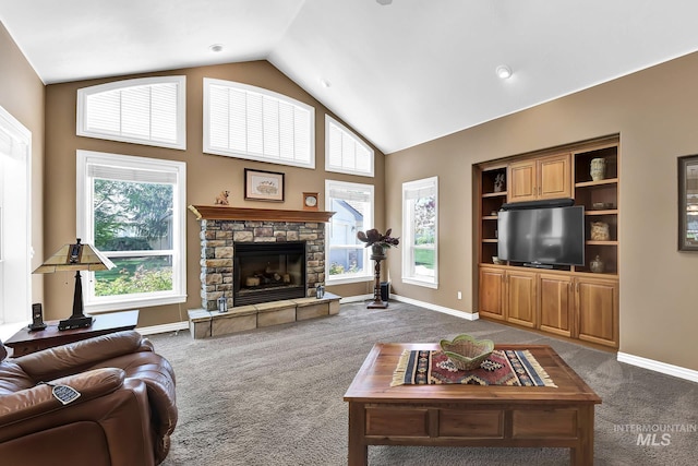 living room with baseboards, a fireplace, dark colored carpet, and high vaulted ceiling