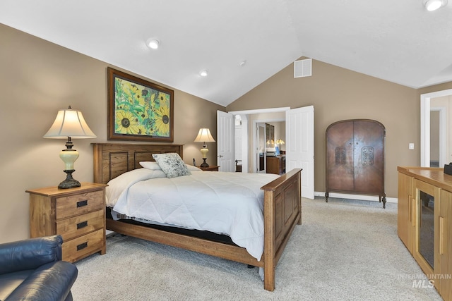 bedroom with visible vents, vaulted ceiling, baseboards, light carpet, and recessed lighting