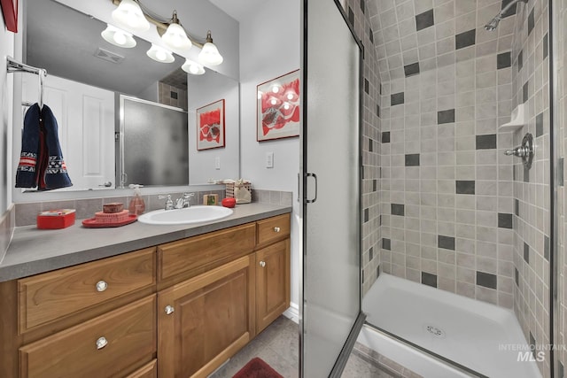 full bathroom with visible vents, tile patterned floors, vanity, and a shower stall