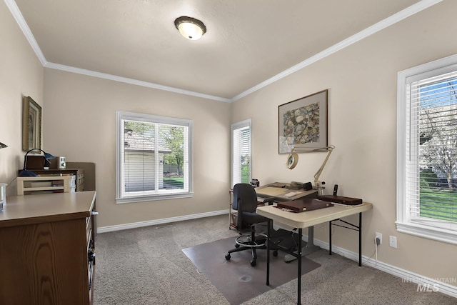 carpeted office with baseboards and ornamental molding