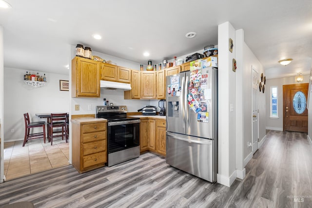 660 Teton, Mountain Home, ID 83647 - kitchen featuring light countertops, stainless steel appliances, under cabinet range hood, and light wood-style floors