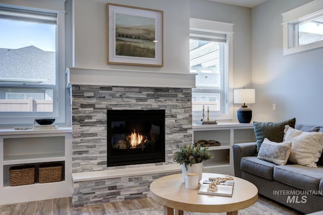 living room featuring a stone fireplace and wood finished floors