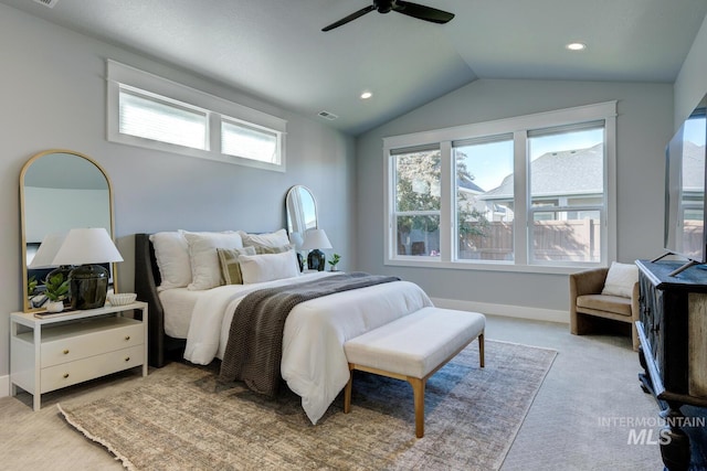 bedroom with vaulted ceiling, light colored carpet, a ceiling fan, recessed lighting, and baseboards