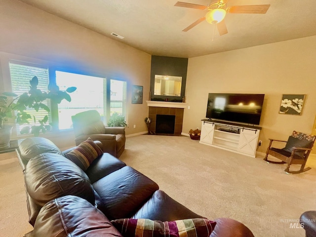 719 W Arbor Pointe, Nampa, ID 83686 - living area featuring carpet flooring, a fireplace, and ceiling fan