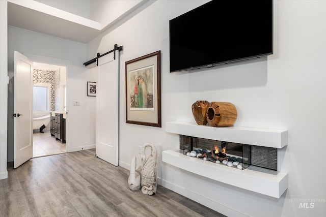 hall featuring light wood-type flooring and a barn door