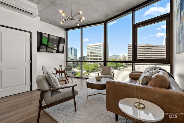 851 W Front St Unit 607, Boise, ID 83702 - sitting room with a wall of windows, a wall mounted air conditioner, wood finished floors, and a chandelier