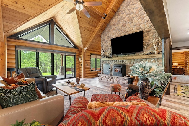 14051 Deerfield Rd, Mccall, ID 83638 - living area featuring log walls, wood-type flooring, a wood ceiling with exposed beams, plenty of natural light, and high vaulted ceiling