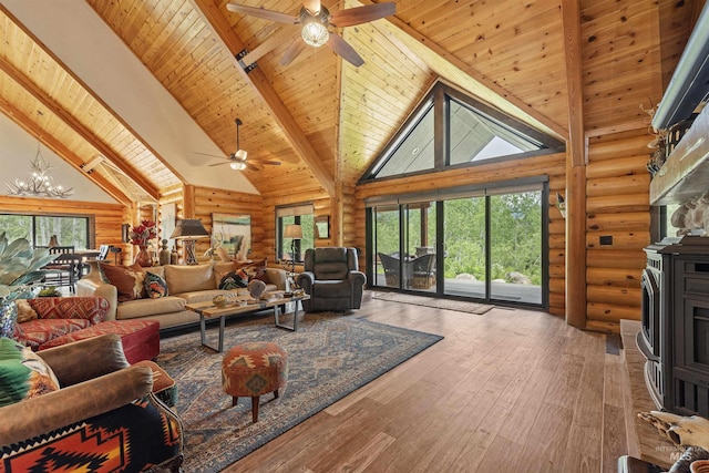 14051 Deerfield Rd, Mccall, ID 83638 - living area featuring log walls, a wood ceiling with exposed beams, ceiling fan, high vaulted ceiling, and a wood stove