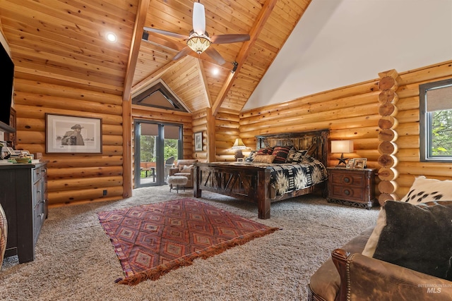 14051 Deerfield Rd, Mccall, ID 83638 - carpeted bedroom featuring wooden ceiling, access to exterior, multiple windows, log walls, and high vaulted ceiling