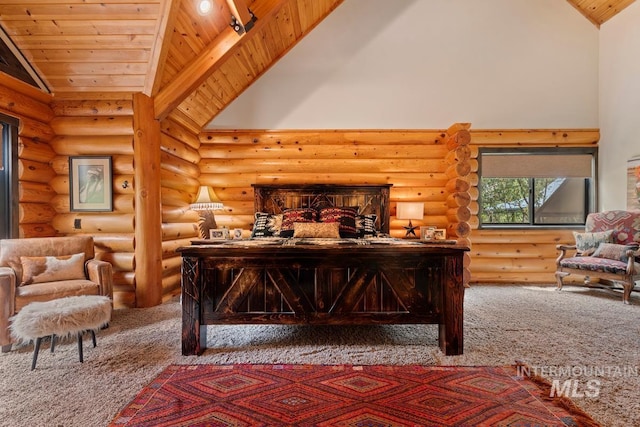 14051 Deerfield Rd, Mccall, ID 83638 - bedroom with wood ceiling, carpet flooring, rustic walls, and high vaulted ceiling