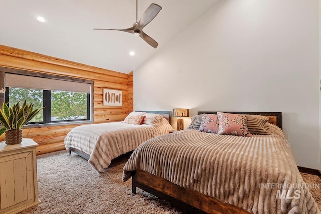 14051 Deerfield Rd, Mccall, ID 83638 - bedroom featuring rustic walls, carpet floors, recessed lighting, a ceiling fan, and high vaulted ceiling