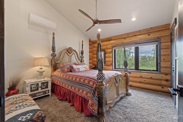 14051 Deerfield Rd, Mccall, ID 83638 - carpeted bedroom featuring a wall mounted air conditioner, rustic walls, recessed lighting, vaulted ceiling, and ceiling fan