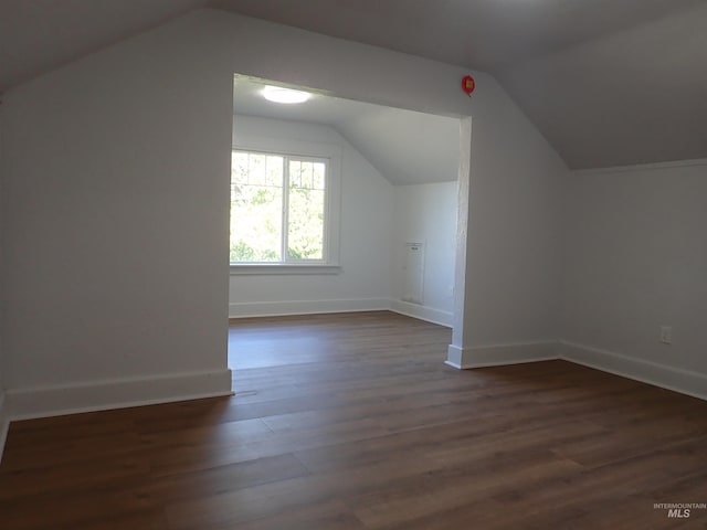 additional living space with dark hardwood / wood-style floors and vaulted ceiling