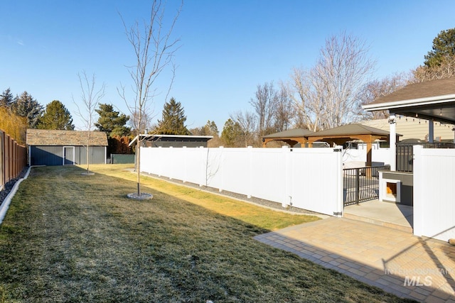 view of yard featuring a patio area and a storage shed