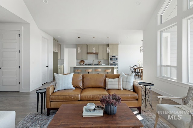 living area featuring lofted ceiling, baseboards, and wood finished floors