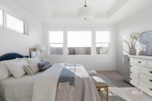 carpeted bedroom with a raised ceiling