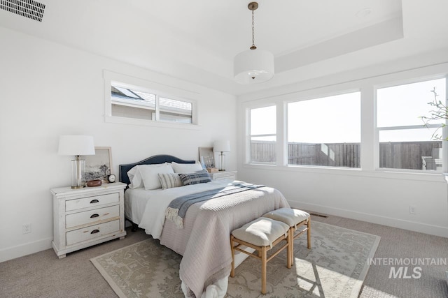 bedroom featuring light carpet, a raised ceiling, visible vents, and baseboards