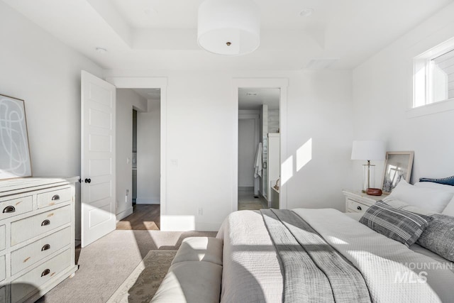 bedroom featuring ensuite bathroom and a raised ceiling