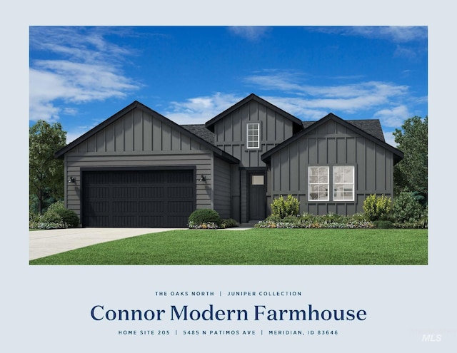 5485 N Patimos Ave, Meridian, ID 83646 - view of front of property featuring an attached garage, a shingled roof, a front lawn, board and batten siding, and concrete driveway