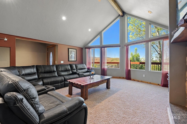 carpeted living room with a textured ceiling, a wealth of natural light, beam ceiling, and high vaulted ceiling