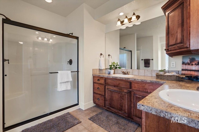 bathroom with vanity, tile patterned flooring, and a stall shower