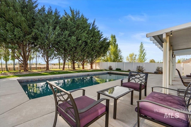 view of pool with a fenced in pool, a fenced backyard, and a patio area