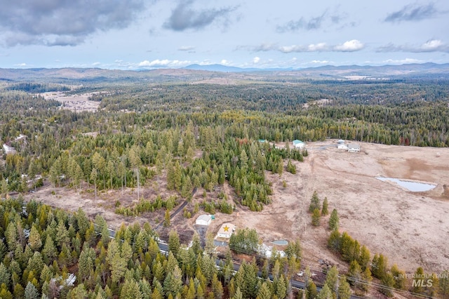 drone / aerial view featuring a mountain view and a wooded view