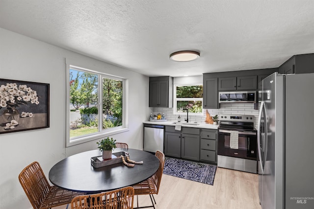 905 E 2nd St, Emmett, ID 83617 - kitchen with appliances with stainless steel finishes, light wood-style flooring, backsplash, light countertops, and a textured ceiling