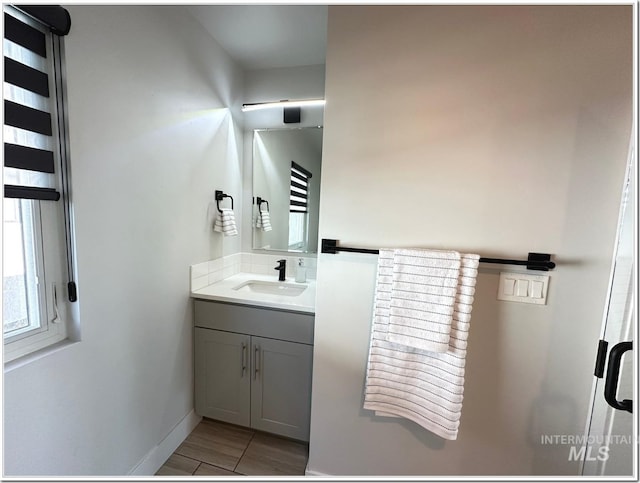 1514 W River St Unit 207, Boise, ID 83702 - bathroom with vanity, baseboards, and tasteful backsplash