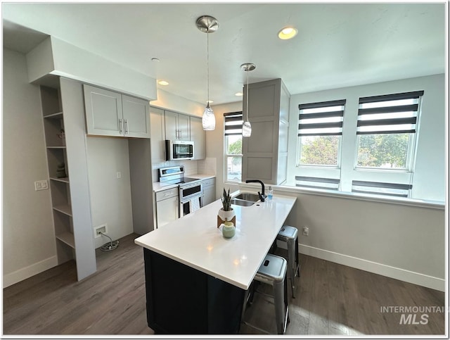 1514 W River St Unit 207, Boise, ID 83702 - kitchen with appliances with stainless steel finishes, a sink, gray cabinetry, baseboards, and recessed lighting