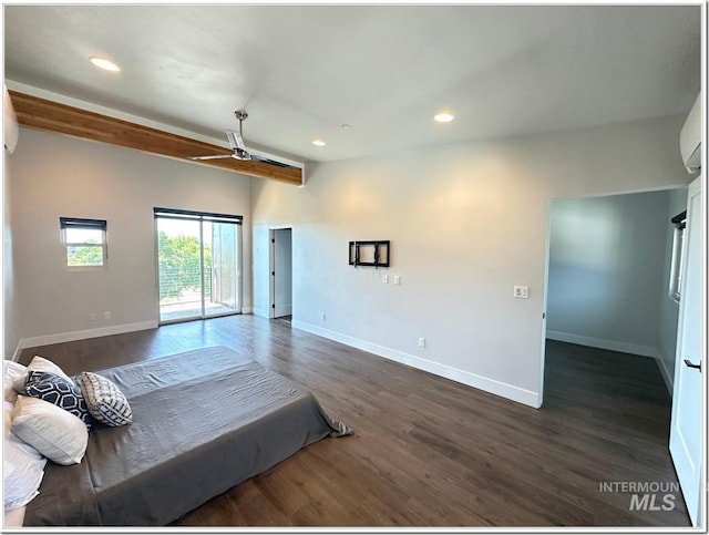 1514 W River St Unit 207, Boise, ID 83702 - bedroom with access to outside, dark wood finished floors, baseboards, recessed lighting, and beam ceiling