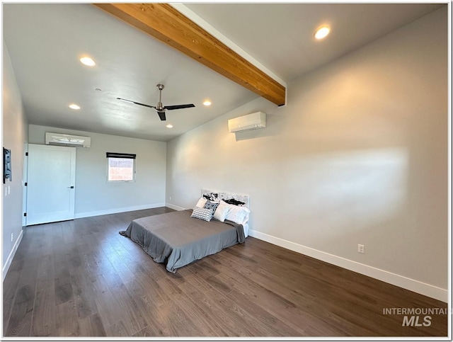 1514 W River St Unit 207, Boise, ID 83702 - bedroom featuring a wall mounted air conditioner, beamed ceiling, dark wood-style floors, recessed lighting, and baseboards