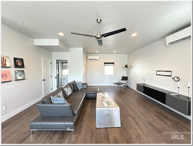1514 W River St Unit 207, Boise, ID 83702 - living room with a wall mounted AC, ceiling fan, wood finished floors, recessed lighting, and baseboards