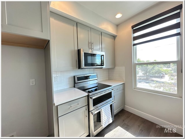 1514 W River St Unit 207, Boise, ID 83702 - kitchen featuring stainless steel appliances, gray cabinets, light countertops, backsplash, and dark wood-style flooring