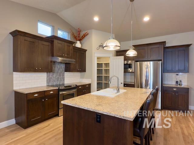 kitchen featuring sink, vaulted ceiling, a center island with sink, pendant lighting, and stainless steel appliances