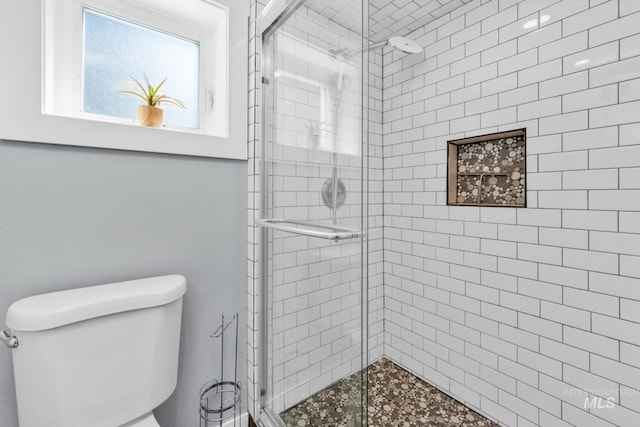 full bathroom with a stall shower and toilet