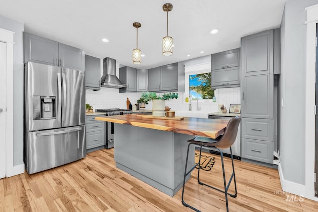 kitchen featuring appliances with stainless steel finishes, butcher block countertops, wall chimney exhaust hood, gray cabinets, and tasteful backsplash