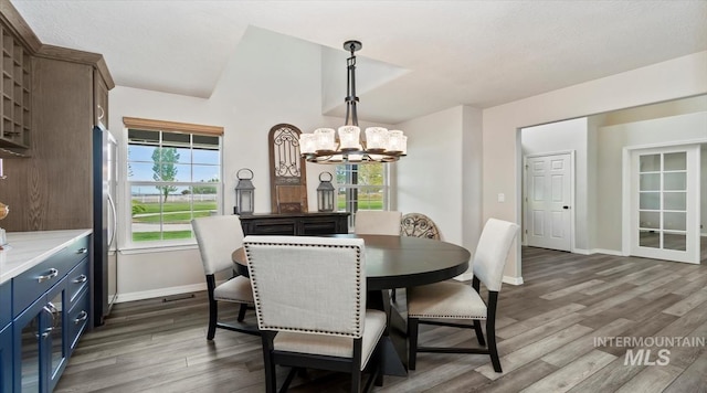dining room featuring a chandelier, dark wood finished floors, plenty of natural light, and vaulted ceiling