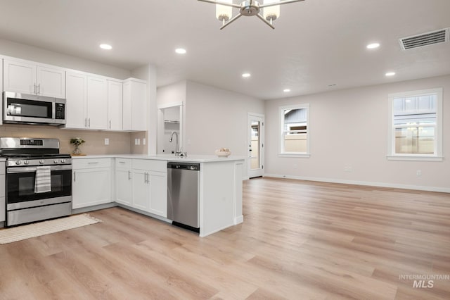 kitchen featuring kitchen peninsula, sink, light hardwood / wood-style flooring, appliances with stainless steel finishes, and white cabinetry