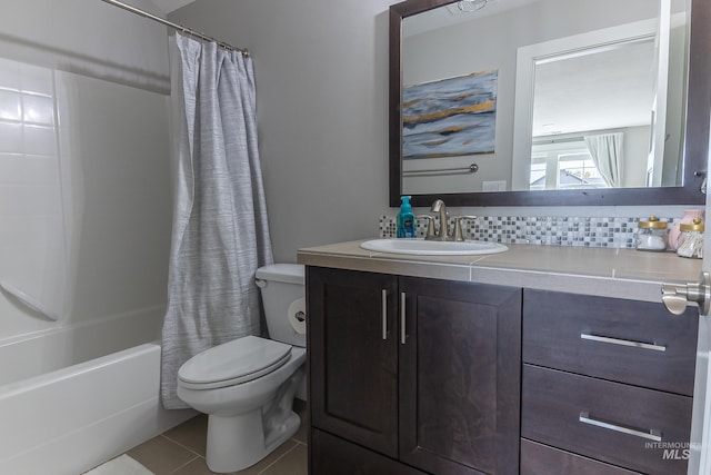 full bath featuring shower / bathtub combination with curtain, vanity, decorative backsplash, tile patterned floors, and toilet