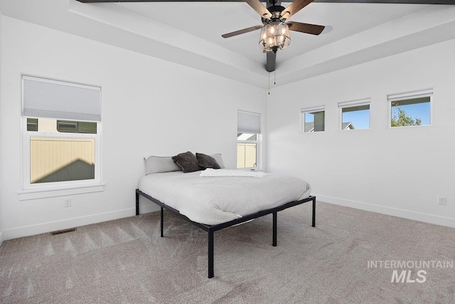 carpeted bedroom with baseboards, visible vents, and a raised ceiling